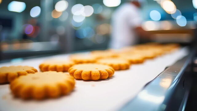 Daisy-shaped cookies move along a conveyor belt at the manufacturing plant.