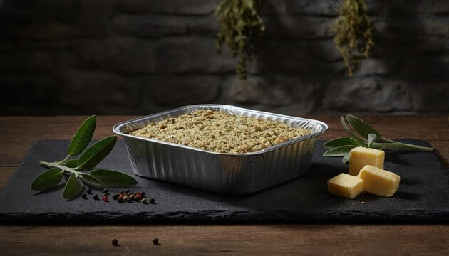 Gourmet sage stuffing on dark slate surface