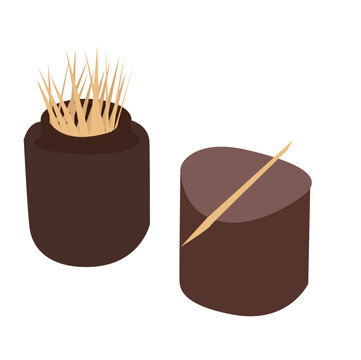 toothpicks and their container. Wooden toothpicks in plastic packaging.