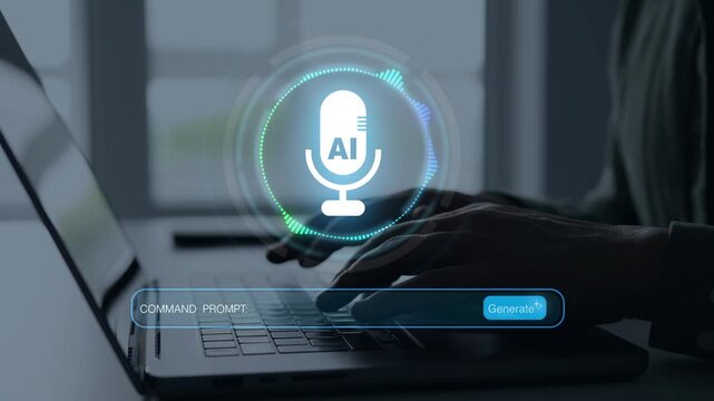 Voice interaction with an AI Chatbot using a microphone, representing artificial intelligence speech recognition, digital voice assistants,conversational interfaces and smart communication technology.