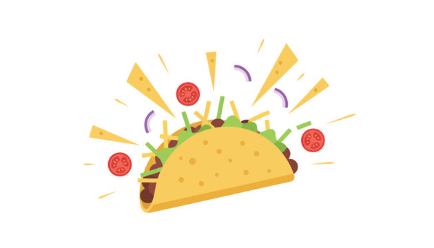 Traditional taco exploding with cheese shards, tomato slices and purple onion rings on white background.