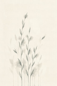Minimalist Watercolor Painting of Delicate Botanical Wild Grasses and Foliage in Soft Neutral Earth Tones on Textured Fine Art Paper