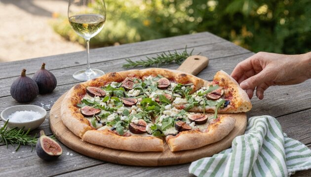Hand reaching for fresh fig pizza