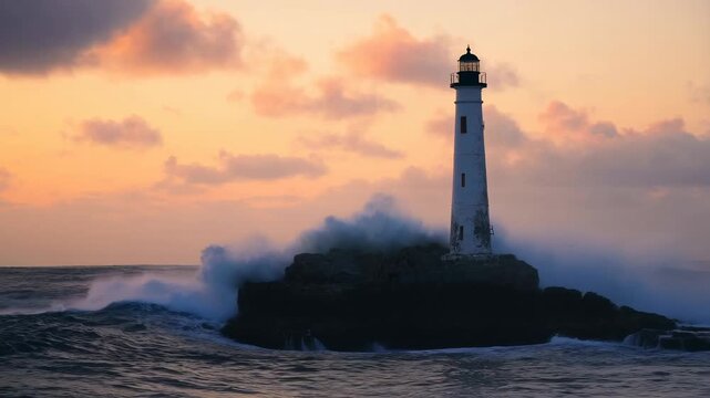 Lighthouse stands as waves crash against rocky island beneath a glowing sunset