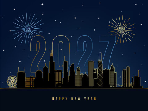 Chicago Happy New Year 2027 skyline with large outlined numbers, gold fireworks and stars. Night vector card.