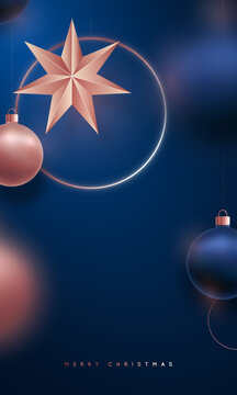 A vertical Christmas poster featuring dark blue and rose gold baubles and stars, designed with ample copy space for your message.