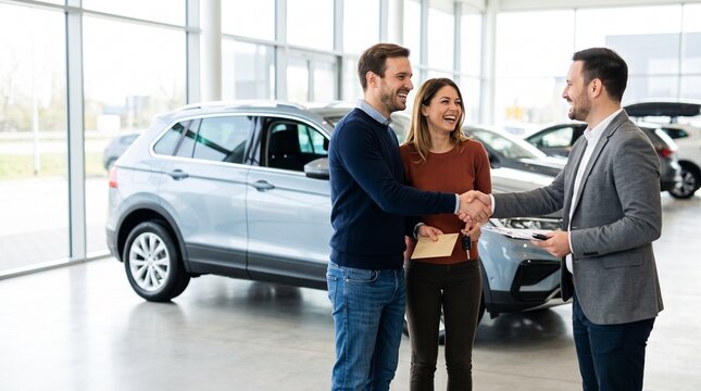 Couple shaking hands after car purchase in a modern dealership  