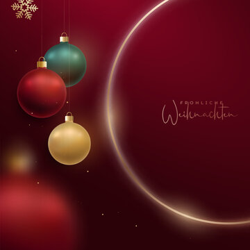 A Christmas tree adorned with red and gold baubles and pine branches, set against a rich backdrop with ample text space.