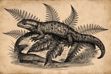 Obraz premium Vintage Engraving of a Spotted Salamander Resting Among Fern Leaves