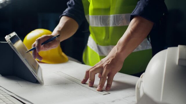 Architect engineer working on blueprint using ruler pencil and digital tablet at office desk.