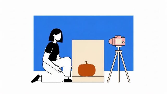 Woman prepares a pumpkin for a photoshoot with a vintage camera set up on a