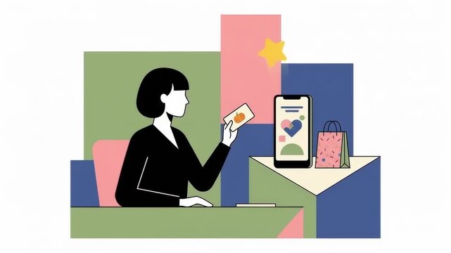 A person uses a credit card for online shopping on a smartphone with colorful abstract