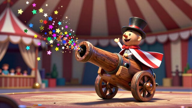 Circus magician shoots colorful stars from cannon, waving joyfully on stage.