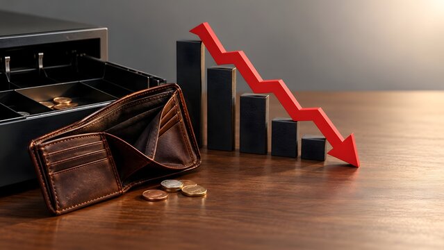 Economic recession concept showing an empty leather wallet with open safe box and red descending arrow indicating financial crisis bankruptcy and wealth loss