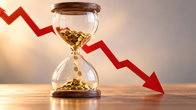 Concept of depreciating financial assets featuring an hourglass filled with falling gold coins and a red downward trending arrow representing economic recession