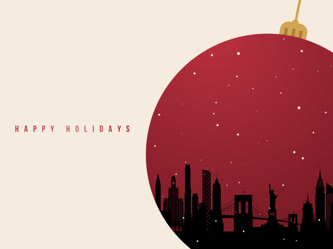 New York skyline inside a large Christmas bauble with snowfall and Happy Holidays text.