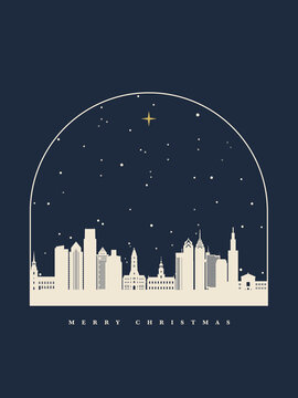 Philadelphia skyline in an arched frame with falling snow, gold star and Merry Christmas text. Vertical vector card.