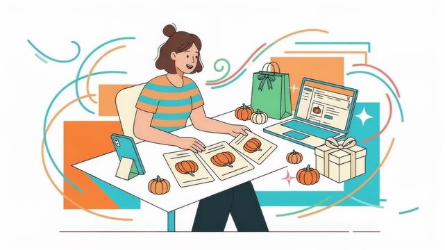 A woman works at a desk surrounded by abstract lines and colorful shapes illustrating productivity