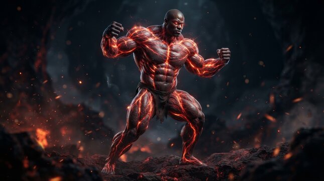 Powerful muscular warrior in intense digital artwork.