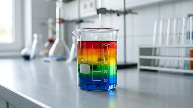 A glass beeker filled with a vibrant rainbow gradient of layered liquids sitting on a laboratory workbench in a lab