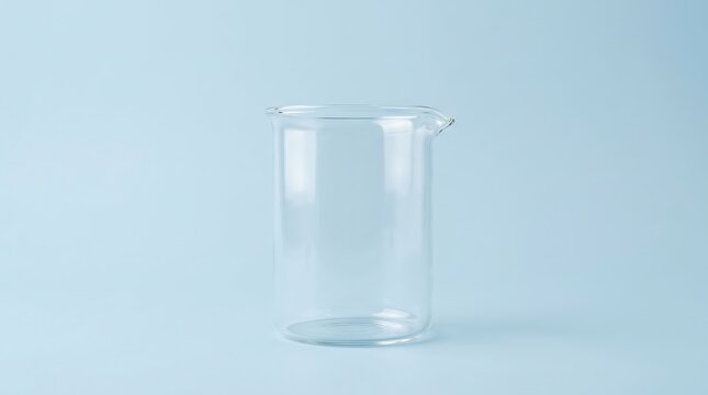 A single empty glass beeker standing on a plain light blue background used for scientific research and laboratory work