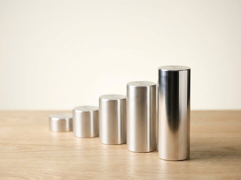 Five metal cylinders arranged as a growth chart on a wooden surface