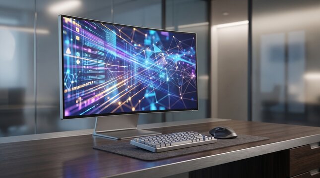 Computer Workstation with Keyboard, Mouse and Desktop PC for Modern Office Technology and Digital Business Communication