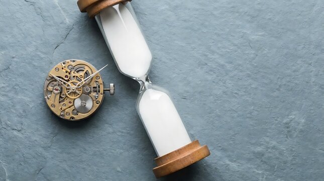 Hourglass and watch movement on grey stone background with copy space