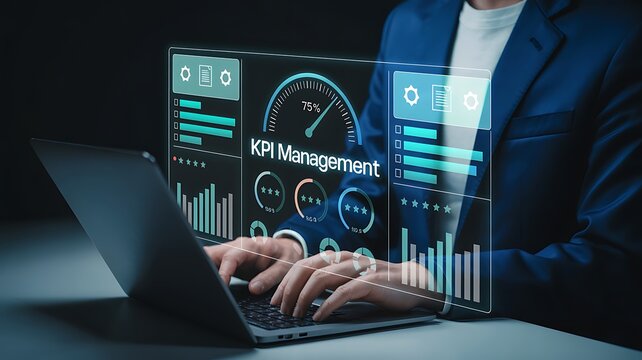 Businessman analyzing KPI management dashboard on futuristic holographic interface with laptop