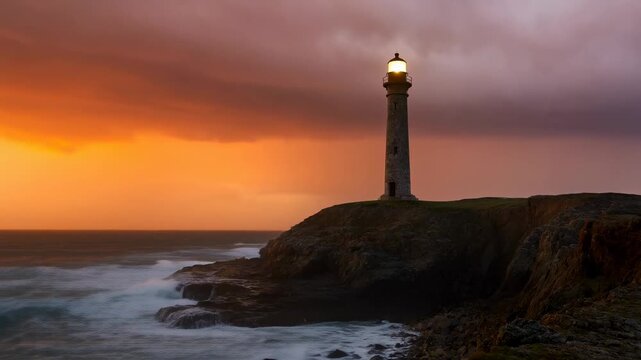 Stone lighthouse lights up above crashing waves on a rocky coast at sunset