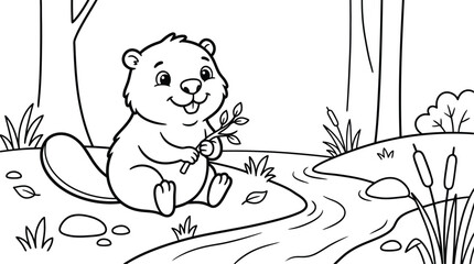 Cartoon beaver sitting with a branch in a natural riverside environment line art illustration © Masum