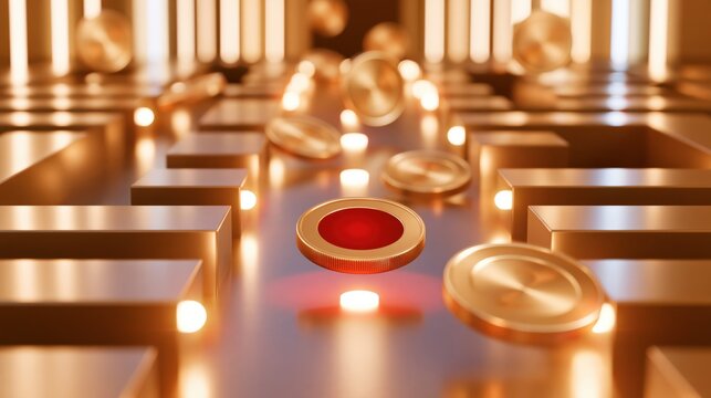 Golden coins floating above glowing maze with red center coin, warm lighting and reflective surfaces creating abstract financial concept
