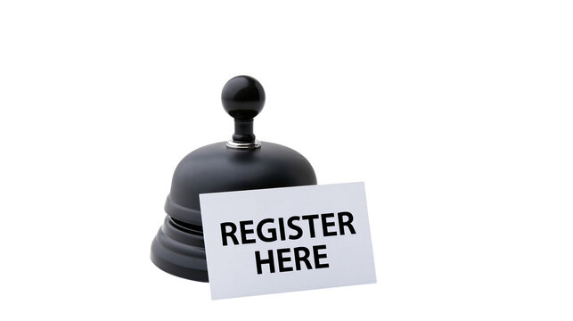 Black service call bell with register here white sign isolated on transparent background PNG element