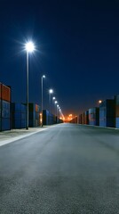 Fototapeta premium Rows of shipping containers in a port at night with street lamps
