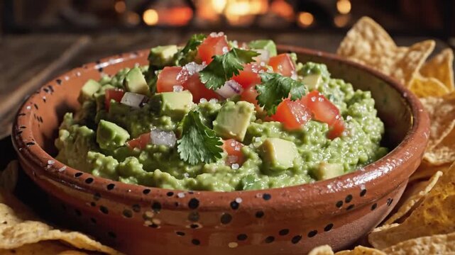 Fresh Homemade Guacamole Dip with Tortilla Chips and Cilantro, Served in Rustic Bowl with Cozy Fireplace Background for Festive Gatherings