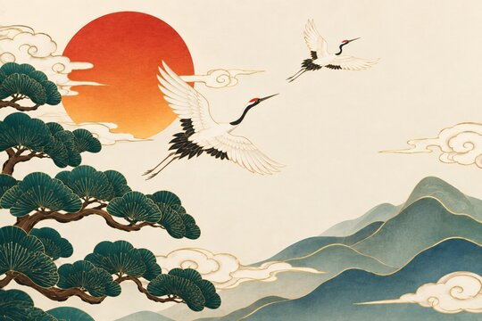 Korean traditional landscape with cranes, pine trees, mountains and clouds