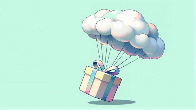 A gift box floats gently beneath a fluffy, colorful cloud parachute against soft mint background.