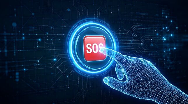 Digital hand pressing an SOS emergency button on a futuristic technological interface background