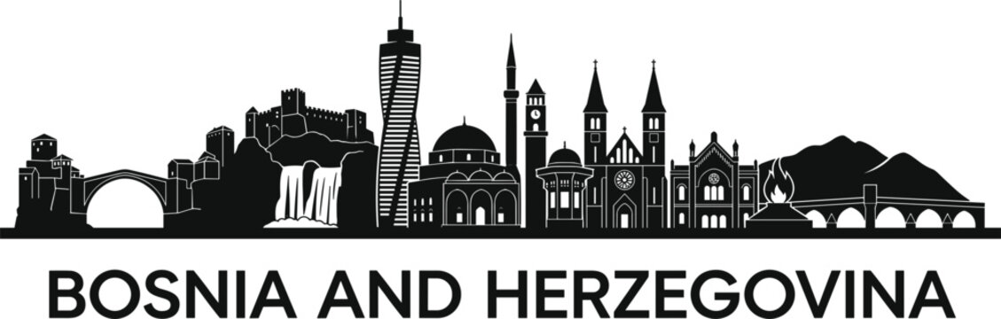 Bosnia and Herzegovina country skyline featuring old bridge starmost jorce waterfall mosque balkan architecture landmarks vector silhouette