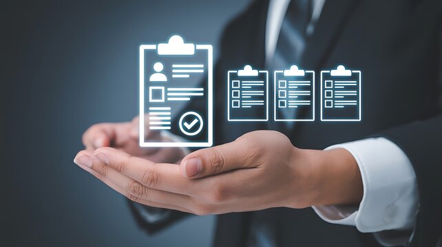 Businessperson's hand presenting checklist icons during a professional audit with digital interface and soft focus background