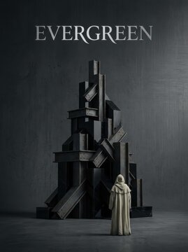 Cloaked figure standing before massive industrial sculpture made of black steel beams and geometric blocks