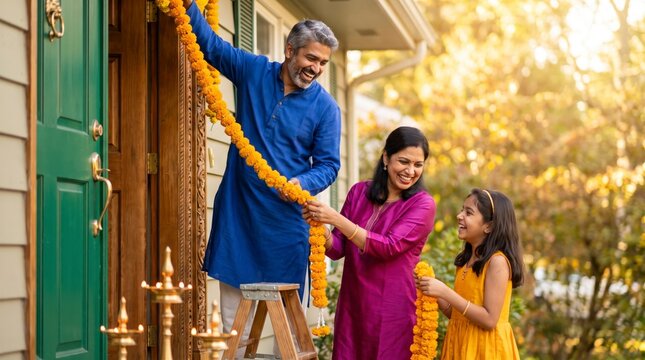 Welcoming family hanging marigold garland across front door with brass lamps for Diwali festival