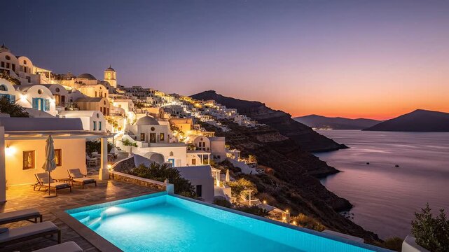 Breathtaking Sunset View Over Traditional White Architecture and Infinity Pool in Santorini Greece During Twilight Hour