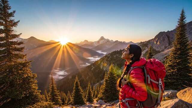 Adventurous Young Woman Hiker Enjoying Breathtaking Sunrise Over Mountain Peaks and Pine Forests During Backpacking Expedition