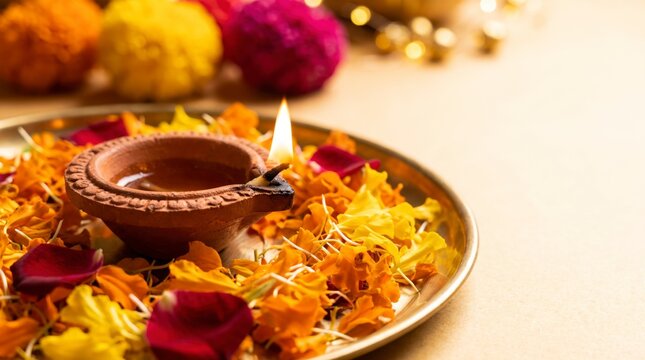 Glowing clay lamp on brass plate surrounded by marigold and rose petals for Diwali celebration