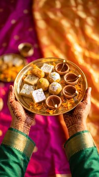 Henna decorated hands holding brass plate of Indian sweets and lit clay lamps over vibrant silk