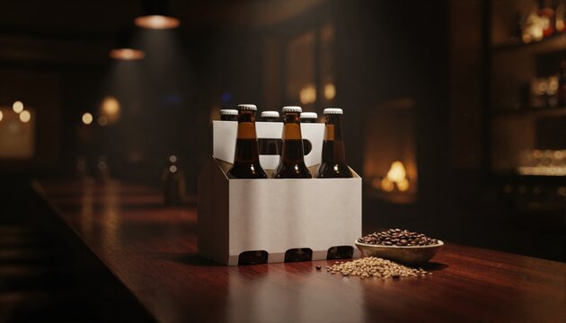 Sophisticated beverage six pack on a dark mahogany bar under warm lighting