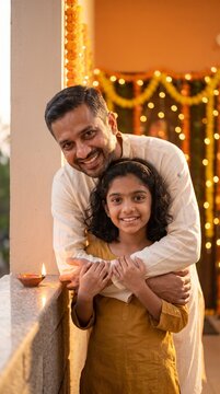 Affectionate father embracing daughter on balcony beside lit clay lamp with string lights at dusk