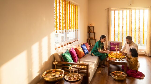 Family gathered around low table with brass lamps in bright sunlit living room decorated for Diwali