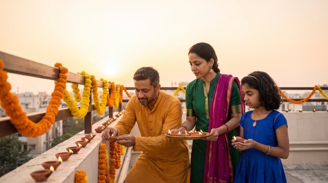 Engaged family lighting clay lamps along rooftop parapet at sunset with marigold garlands for Diwali